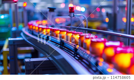 A conveyor belt with products moving at high speed, showcasing efficient production 114758605