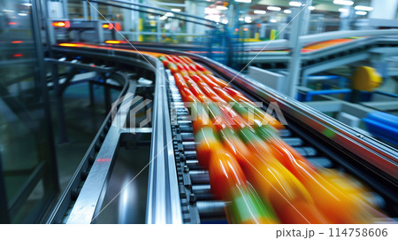A conveyor belt with products moving at high speed, showcasing efficient production 114758606