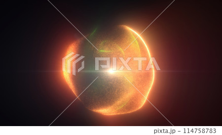 Yellow energy magic sphere round high-tech digital ball core of light rays waves lines and energy particles. Abstract background Yellow energy magic sphere round high-tech digital ball core of light rays waves lines and energy particles. Abstract background 114758783