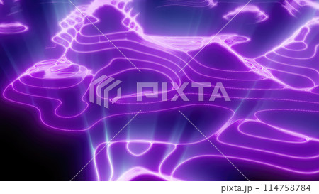 Purple looped futuristic hi-tech landscape with mountains and canyons from glowing energy circles and magic lines. Abstract background 114758784