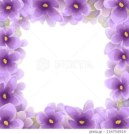 Lilac purple flowers square frame vector illustration in violet colors. Romantic floral wedding or greeting card design. Suits for Women, Mothers day and Valentines Day invitations Lilac purple flowers square frame vector illustration in violet colors. Romantic floral wedding or greeting card design. Suits for Women, Mothers day and Valentines Day invitations 114758914
