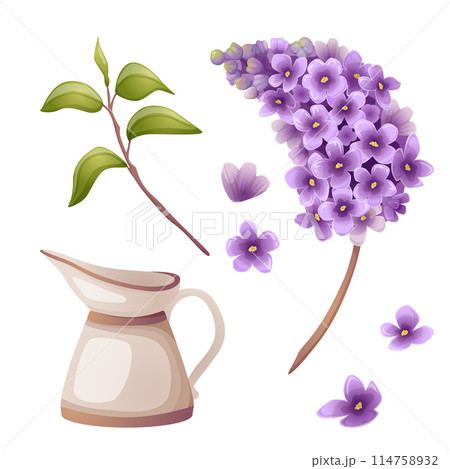Elegant lilac branch with retro vase, separate purple flowers and green leaves vector illustration set in violet colors for vintage and spring prints. Detailed realistic and cartoon floral elements 114758932