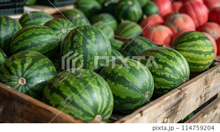 Fresh watermelons in wooden boxes on the fair counter Fresh watermelons in wooden boxes on the fair counter 114759204