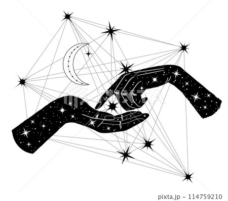 Hand drawn illustrations with hands of witch or fortune teller against stars and sacred geometry pattern. Tattoo, poster or altar print design concept, esoteric, wicca and gothic background Hand drawn illustrations with hands of witch or fortune teller against stars and sacred geometry pattern. Tattoo, poster or altar print design concept, esoteric, wicca and gothic background 114759210