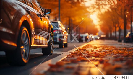 The car is parked on the side of the road at sunset. The concept of transport parking in a big city. AI generated 114759431