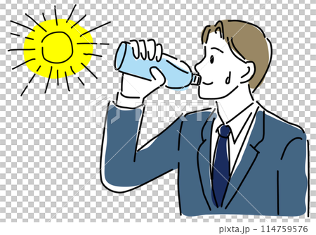 熱中症対策で水分補給をする男性シンプル線画 114759576