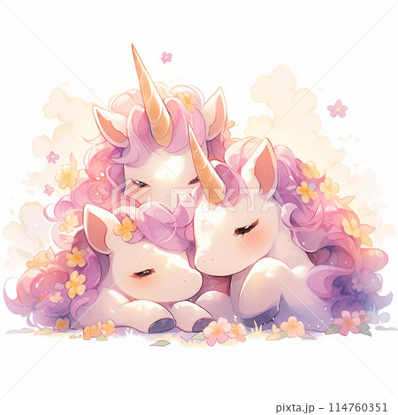 花が大好きなピンク色の眠るユニコーン 花が大好きなピンク色の眠るユニコーン 114760351