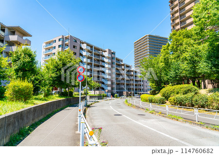 たくさんの高層マンションが並ぶ多摩ニュータウンの住宅街 114760682