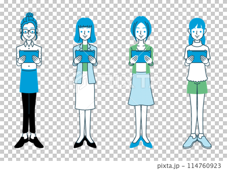 一名婦女手持平板電腦的全身插圖 114760923