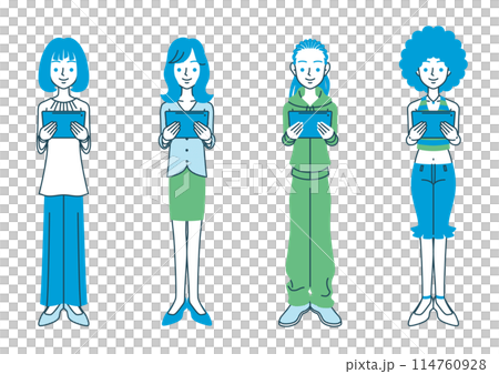 Full-body illustration of a woman holding a tablet 114760928