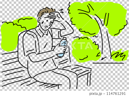ベンチで水分補給をする男性シンプル線画 114761291