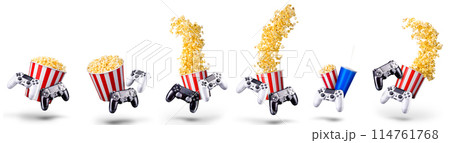 Flying popcorn and video game joystick gamepad isolated on a white background 114761768