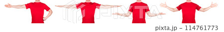 Man in red t-shirt showing or holding something in his arm on white background 114761773
