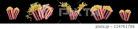 Set of paper striped buckets with popcorn isolated on black background 114761788