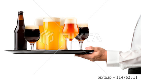 Waiter hand holding metal tray with set of Beer glasses and bottles on a white background. Waiter hand holding metal tray with set of Beer glasses and bottles on a white background. 114762311