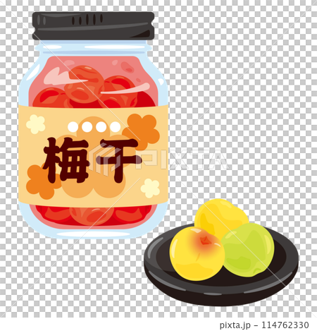 瓶子裡的醃李子和盤子裡的李子水果 114762330
