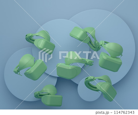 Set of video game VR virtual reality glasses on monochrome podium Set of video game VR virtual reality glasses on monochrome podium 114762343
