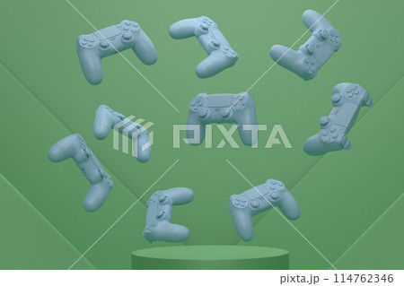Set of video game joystick on cylinder podium with step on monochrome Set of video game joystick on cylinder podium with step on monochrome 114762346