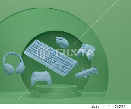 Set of video game joystick, keyboard and headphones on monochrome podium Set of video game joystick, keyboard and headphones on monochrome podium 114762354