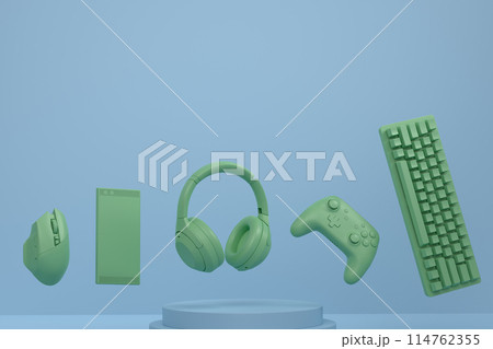 Set of video game joystick, phone and headphones on monochrome podium 114762355