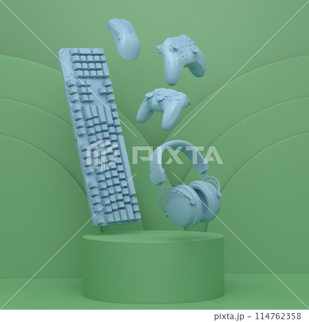Set of video game joystick, keyboard, mouse and headphones on monochrome podium 114762358
