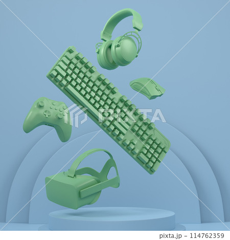 Set of video game joystick, VR glasses and headphones on monochrome podium 114762359