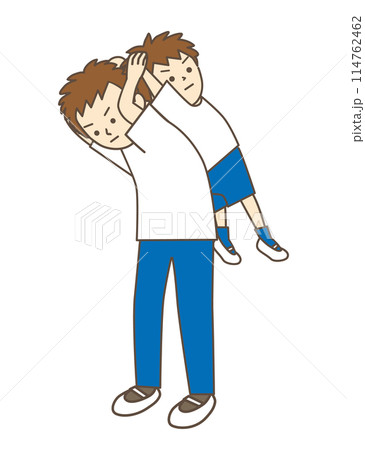 親子体操でお父さんと背中合わせでストレッチをする男の子 親子体操でお父さんと背中合わせでストレッチをする男の子 114762462