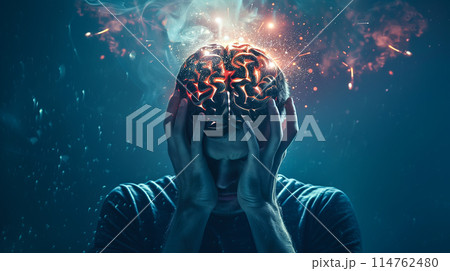 A man is depicted with his hands clutching his head, his face contorted in agony. The experience of neurological pain and destress. Generative AI. 114762480
