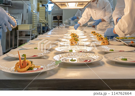 フレンチ料理人　盛り付けする手のアップ　作業風景 114762664