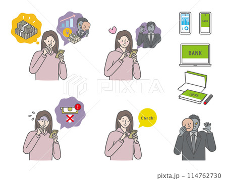 SNS投資：若い女性の詐欺被害イラストアイコンセット 114762730