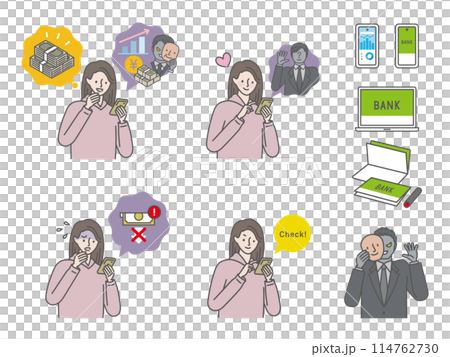 SNS投資：若い女性の詐欺被害イラストアイコンセット 114762730