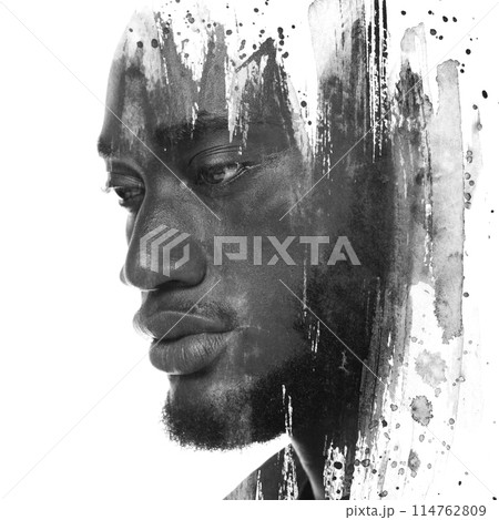 A black and white paint stroke paintography portrait of a thoughtful man A black and white paint stroke paintography portrait of a thoughtful man 114762809