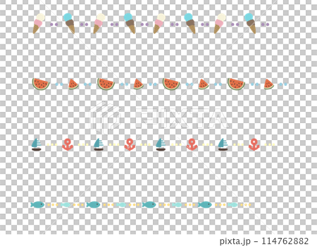 ポップな飾り罫・ライン（主線なし）：アイス・スイカ・マリン・魚 114762882