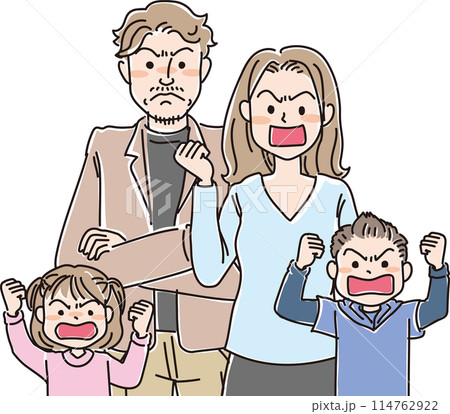 人物イラスト_怒った表情_若い家族4人_30代夫婦_小学生男女 114762922