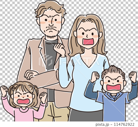 人物イラスト_怒った表情_若い家族4人_30代夫婦_小学生男女 114762922