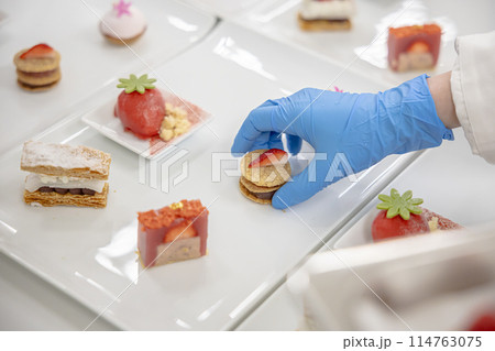 フレンチ料理人 盛り付けする手のアップ 料理を作る男性 フレンチ料理人 盛り付けする手のアップ 料理を作る男性 114763075