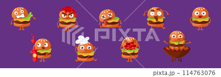 Cute Hamburger Character with Different Emotion Vector Set Cute Hamburger Character with Different Emotion Vector Set 114763076