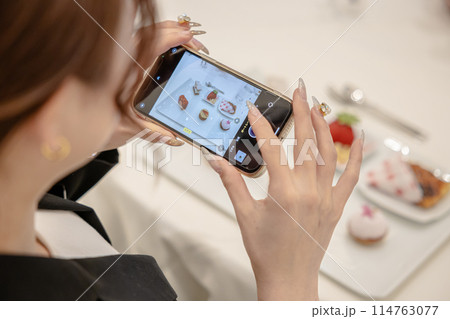 料理を撮影する女性 料理を撮影する女性 114763077