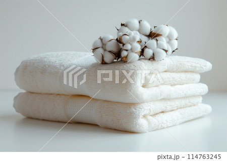 白背景に畳んだタオルと綿花「AI生成画像」 114763245