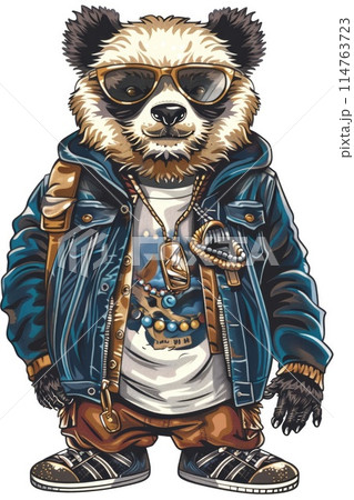 A cool panda with a flair for retro, dressed in a denim jacket with a fur collar 114763723