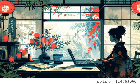 着物を着てパソコンを使う女性 114763966