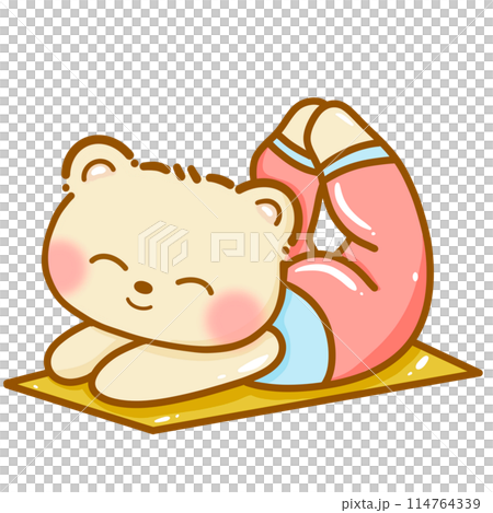 Hand drawn illustration Kawaii Yellow Bear doing Yoga stretching pose meditation cute cheerful character poster clipart print isolated on white. 114764339
