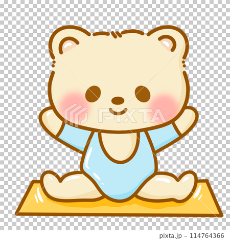 Hand drawn illustration Kawaii Yellow Bear doing Yoga stretching pose meditation cute cheerful character poster clipart print isolated on white. 114764366