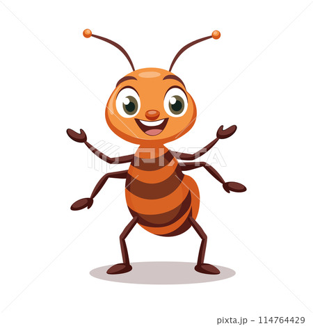 Happy ant mascot. Smiling baby insect character. Design for greeting cards, invitations, print on clothes. Vector	 Happy ant mascot. Smiling baby insect character. Design for greeting cards, invitations, print on clothes. Vector	 114764429
