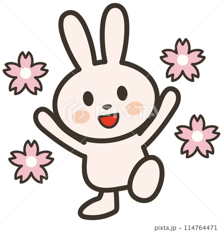 嬉しそうなうさぎさんと桜の花びらのイラスト 114764471