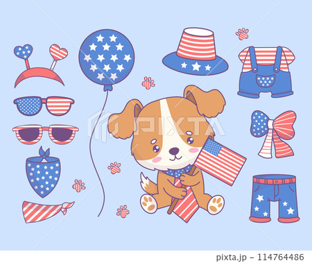Independence Day. Cute festive dog in tie with America flag and clothes, accessories for patriotic party. Isolated cartoon funny kawaii animal and objects. Vector illustration. Kids collection 114764486