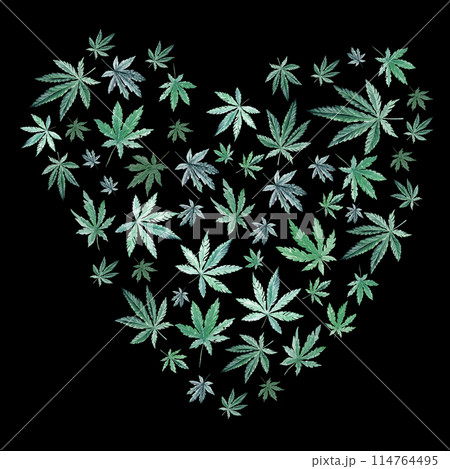 Green cannabis heart on black background, green leaves Hand drawn watercolor illustration, medicine herb plant 114764495