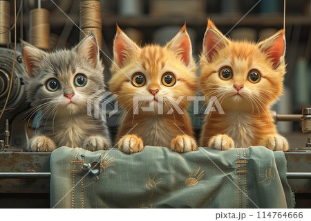 Kittens and whismical cats inside sewing factory , illustration cartoon caricature Kittens and whismical cats inside sewing factory , illustration cartoon caricature 114764666