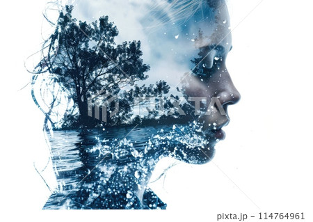 Surreal Double Exposure Portrait with Nature and Water Reflection 114764961