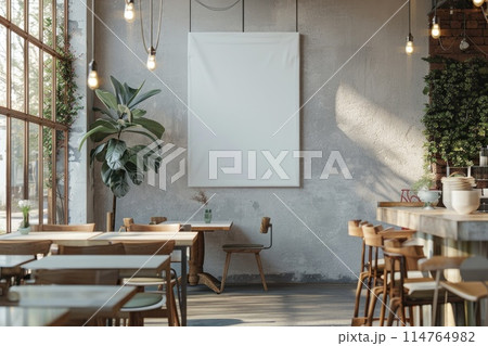 Modern Cafe Interior with Blank Frame on Concrete Wall 114764982